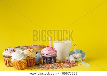 Fun Kid Birthday Concept. Sweets And Cupcakes