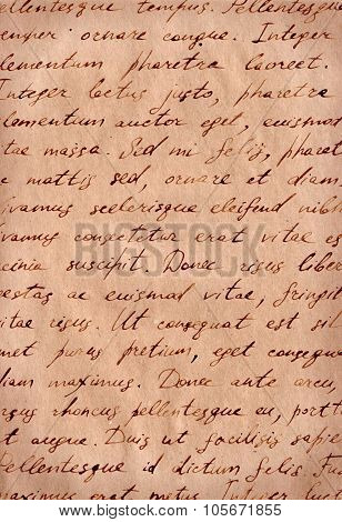 Hand writing document - text Lorem ipsum on old paper with ink drops.