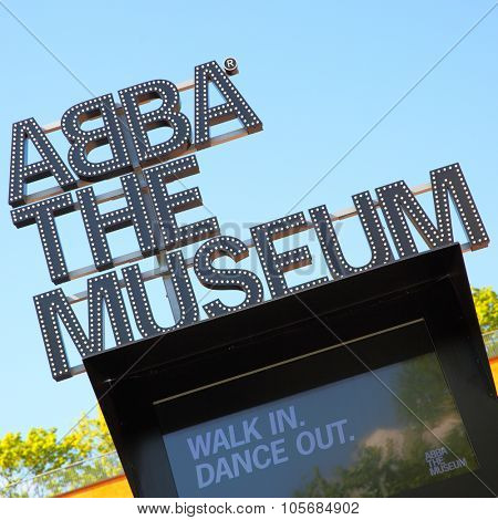 STOCKHOLM, SWEDEN - May 21, 2015: Close-up of signboard the ABBA Museum in Stockholm