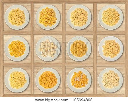 food background different kind of italian pasta