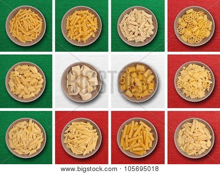 food background different kind of italian pasta