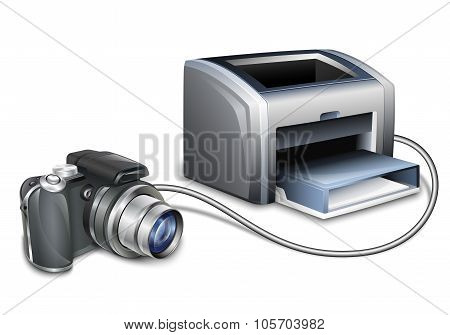 Digital Camera Connected To A Color Laser Printer For Printing Photos. Vector Illustration