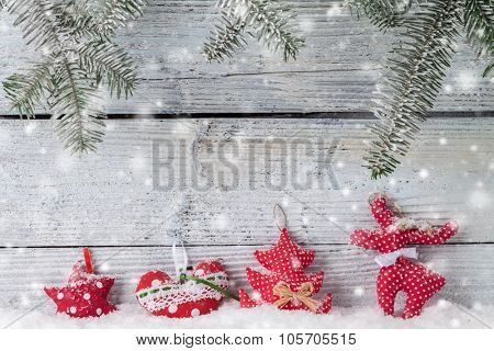 Christmas still life decoration with cariboo on wooden background