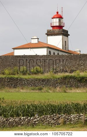 Lighthouse And Cornfield In Lajes De Flores, Azores. Portugal