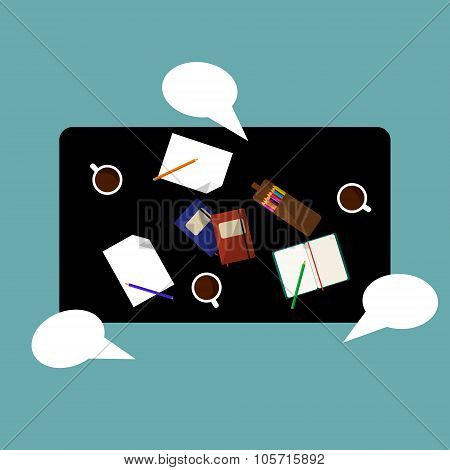 Office Desk With Equipment Top View