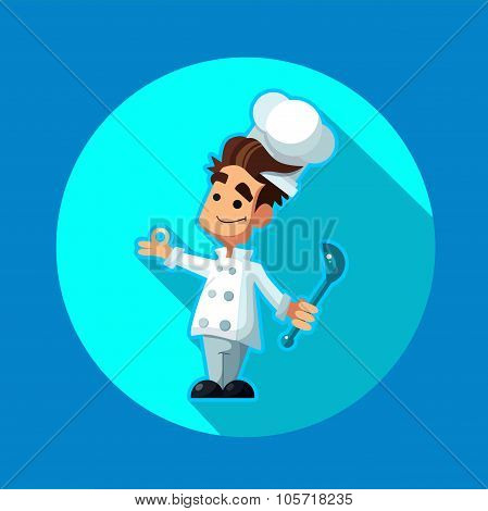 Round Flat Vector Icon With Chef Apple And Kitchenware