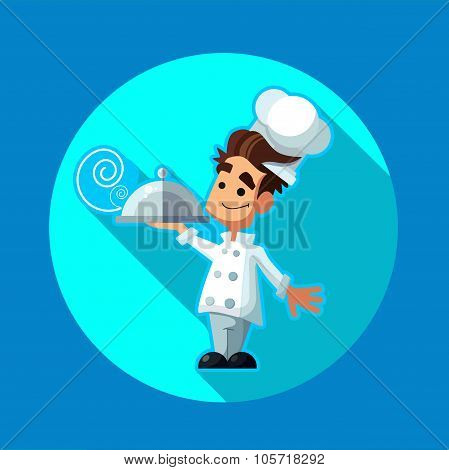 Round Flat Vector Icon With Chef Apple And Kitchenware