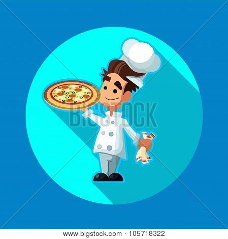 Round Flat Vector Icon With Chef Apple And Kitchenware