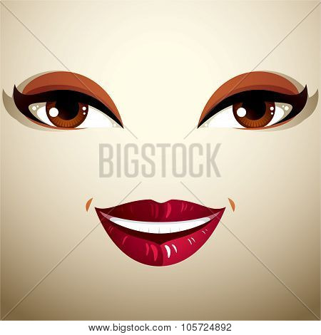 Coquette Glad Smiling Woman Eyes And Lips, Stylish Makeup. People Positive Facial Emotions, Happines