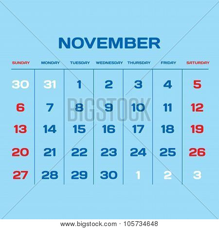 Calendar Vector Template 2016. November.