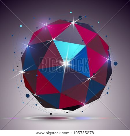 Technology Spherical Polished Object With Lines Mesh. 3D Colorful Shiny Complicated Engineering Stru