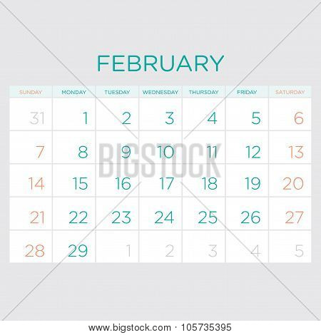 Calendar Vector Template 2016. February.