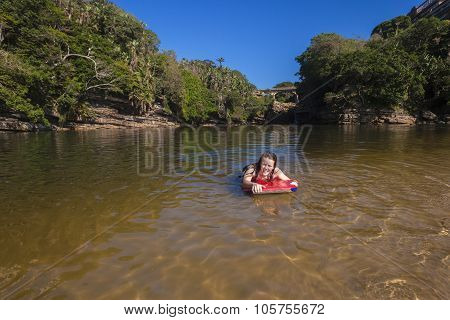 Girl Swimming Board Lagoon