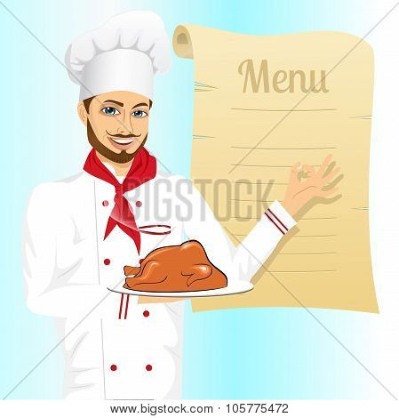 male chef holding a tray with christmas roasted turkey