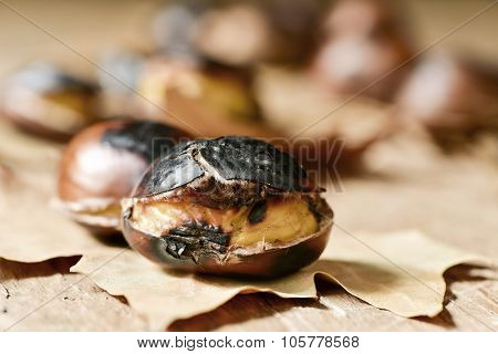 some roasted chestnuts, typical snack in All Saints Day in Catalonia, Spain, on some dry leaves on a rustic wooden surface