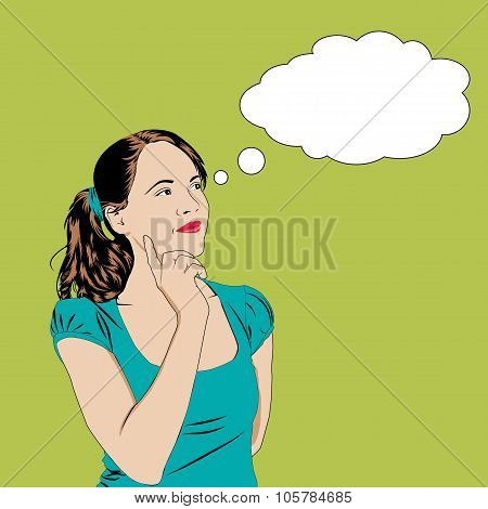 Thinking Girl In Pop Art Comics Style With Speech Bubble For  Text. Vector Illustration Pretty Young