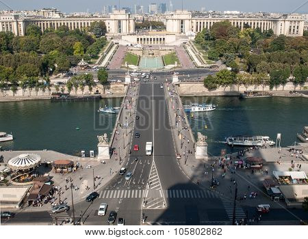 PARIS, FRANCE - SEPTEMBER 9, 2014: Eiffel Tower - The most famous symbol of ParisView of river Seine Trocadero and La Defense from the Eiffel tower. Paris France Europe