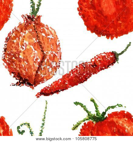 Watercolor seamless background pattern with a tomato, an onion and a red hot chili pepper