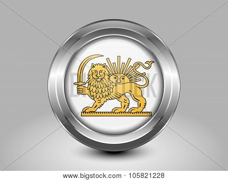 Variant Flag Of Iran With Lion And Sun Emblem. Metal Round Icon