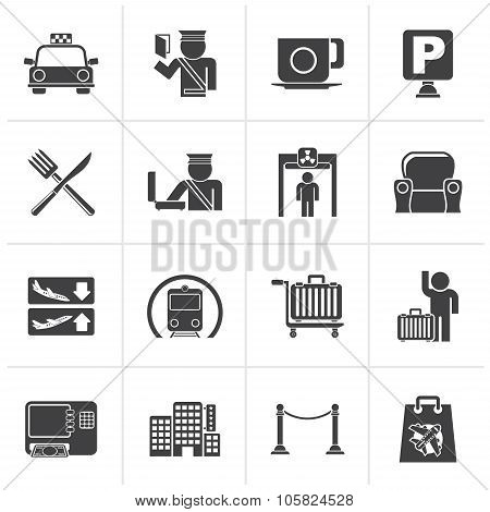 Black Airport, travel and transportation icons