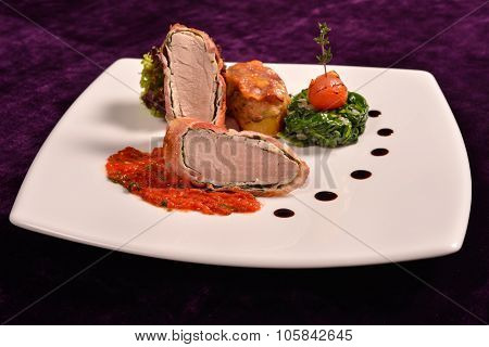Pork Tenderloin In Bacon Wrap With Tomato Sauce