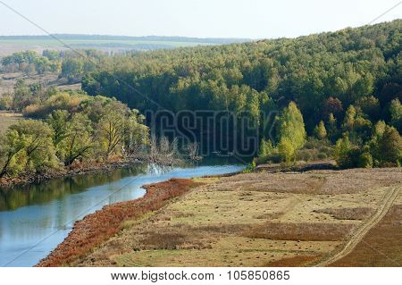 Narrow River, Dry Meadow And Forest Near Novosil