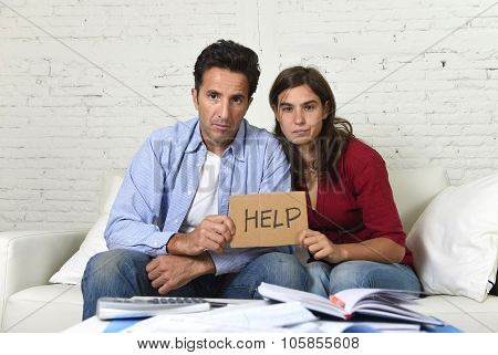 Young Couple Worried At Home In Bad Financial Situation Stress Asking For Help