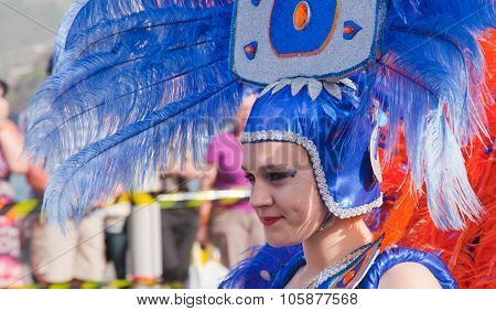 Puerto De La Cruz, Spain - February 16: Colorfully Dressed Participants Take Part In Main Carnival P