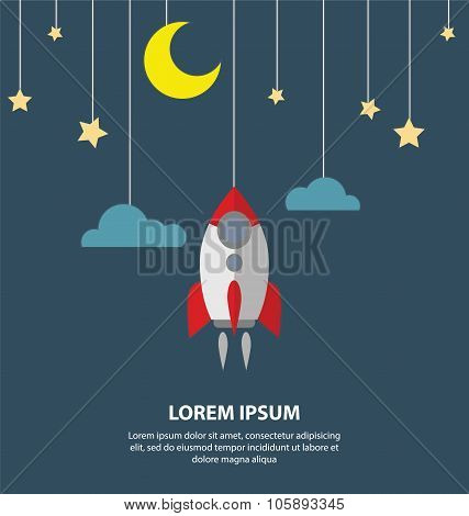 Flat Moon, Star And A Rocket Hanging On The Ropes Of New Business Project With Night Scene