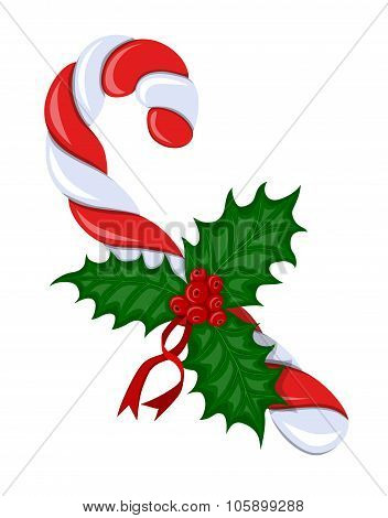 Candy Cane With Holly Berries