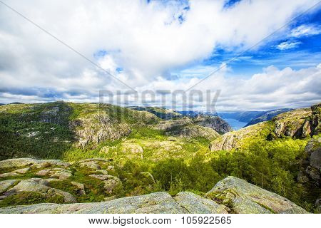 Hiking trail and alpine landscape of the Preikestolen and Lysefjord area in Rogaland, Norway
