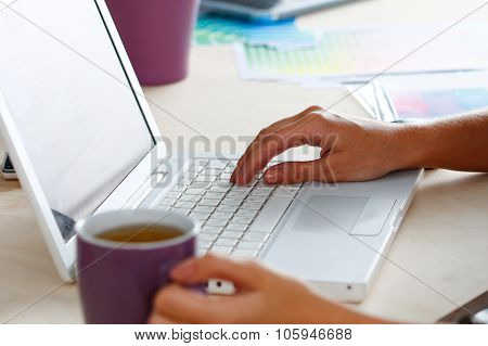 Female Designer Hands Holding Cup Of Hot Beverag