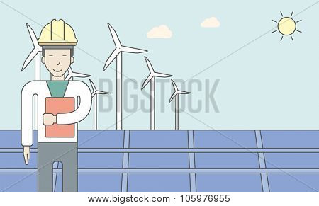 An asian man in helmet with a document in hands on a background with big solar panel and wind turbines. Vector line design illustration. Horizontal layout with a text space for a social media post.