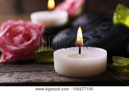 Relaxing set on wooden background, close up