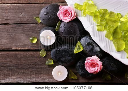 Relaxing composition on wooden background