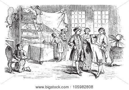 Shop secondhand clothes dealer, vintage engraved illustration. Magasin Pittoresque (1882).