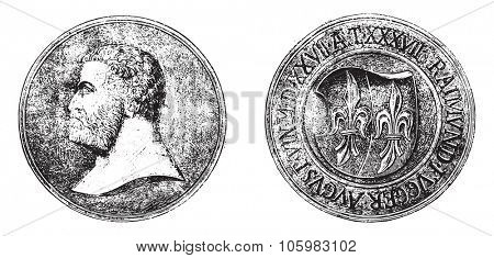 Carved wooden medallion Fugger, vintage engraved illustration. Magasin Pittoresque 1882.