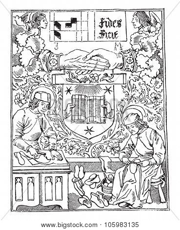 Press mark of Guyot Marchant, bookstore, from 1483-1502, vintage engraved illustration. Magasin Pittoresque 1882.