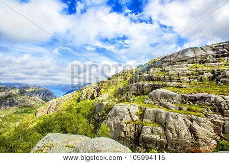 Hiking trail and alpine landscape of the Preikestolen and Lysefjord area in Rogaland, Norway