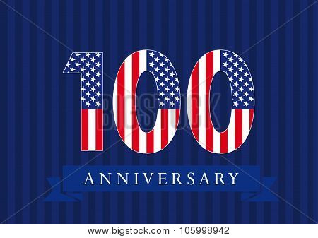 Anniversary 100 US flag logotype. Template of celebrating 100 th. Isolated numbers in traditional style on striped abstract blue background. United States greetings or sticker, ten, one, 0 or letter O.