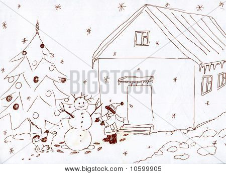 Barnet bygger snögubbe