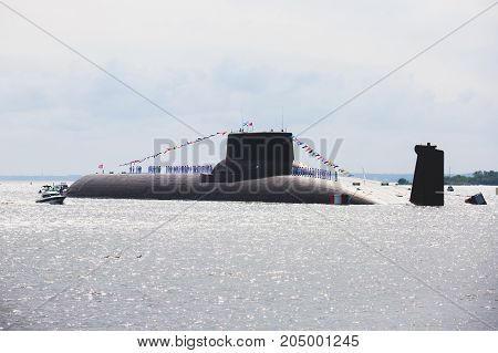 A Line Of Modern Russian Military Submarine Cruisers In The Row, Northern Fleet And Baltic Sea Fleet