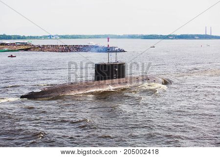 A Line Of Modern Russian Military Submarine Cruisers In The Row, Northern Fleet And Baltic Sea Fleet