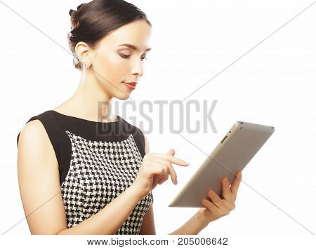 people and business concept:  Business woman using digital tablet computer PC happy isolated on white background.
