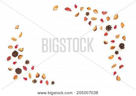 Dried Autumn Flowers On White Background. Autumn Frame. Flat Lay, Top View, Copy Space