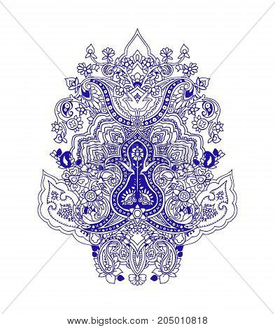 Luxurious paisley composition. Stylized vector image of lotus flower. Electric blue outlines on white background. Yoga symbol.