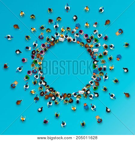 A lot of people stand in a circle on a blue background. Vector illustration