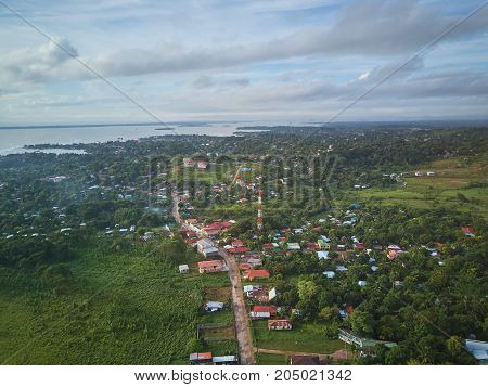 Cityscape of Bluefields town aerial above view