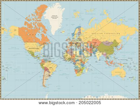 Political World Map Isolated On Vintage Blue Color