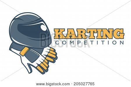 Karting competition club logo template for karting races tournament of driver racer helmet and steering whell gloves. Vector isolated icon